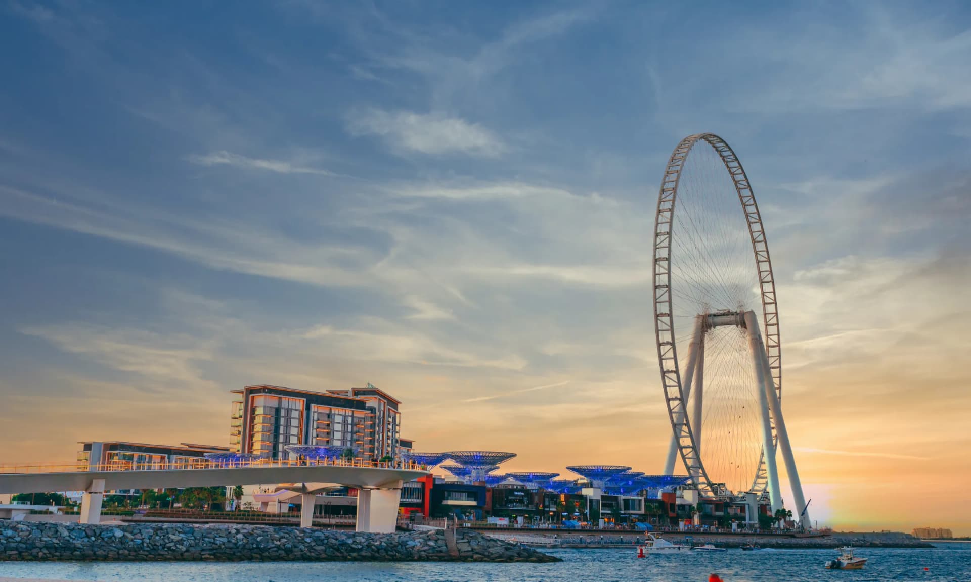 Bluewaters Island and Ain Dubai observation wheel at sunset